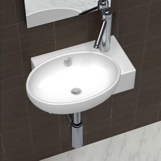 Ceramic Sink Basin Faucet & Overflow Hole Bathroom White