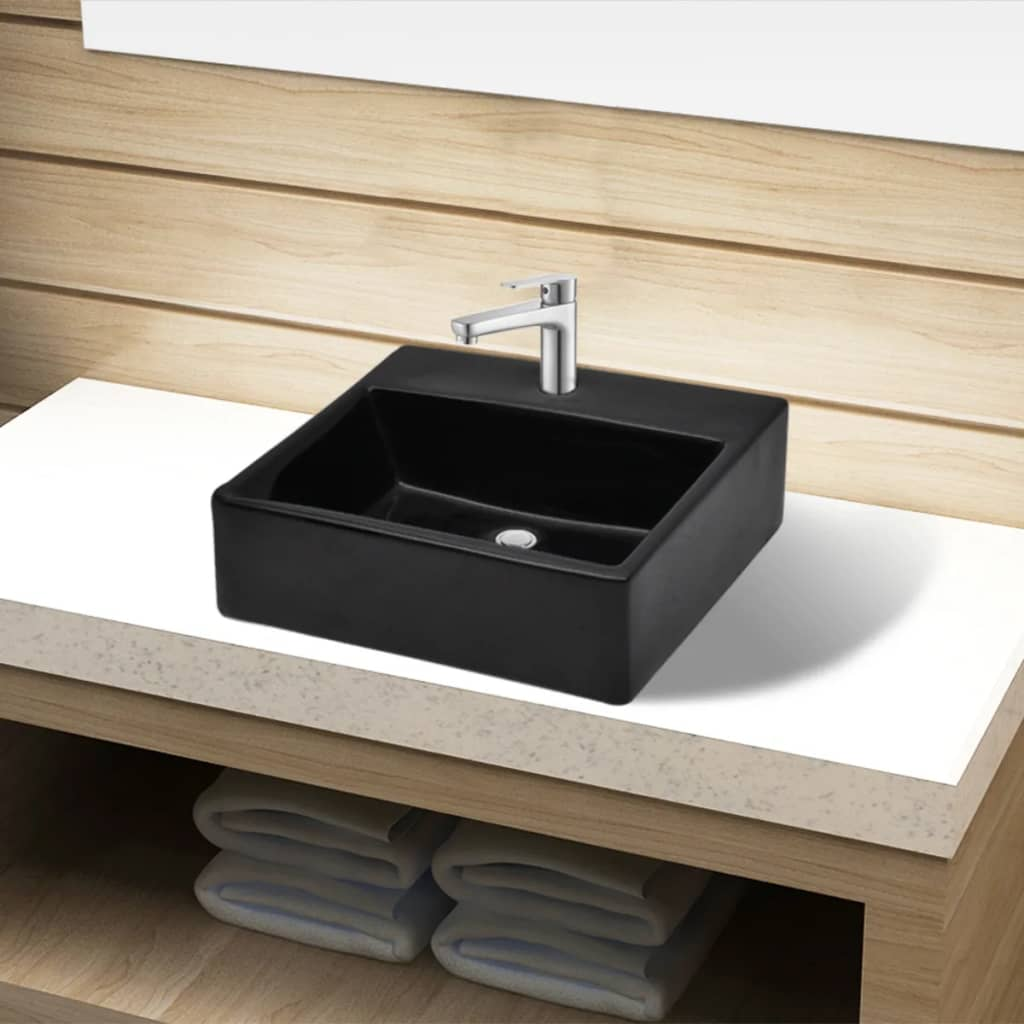 Ceramic Bathroom Sink Basin with Faucet Hole Black Square