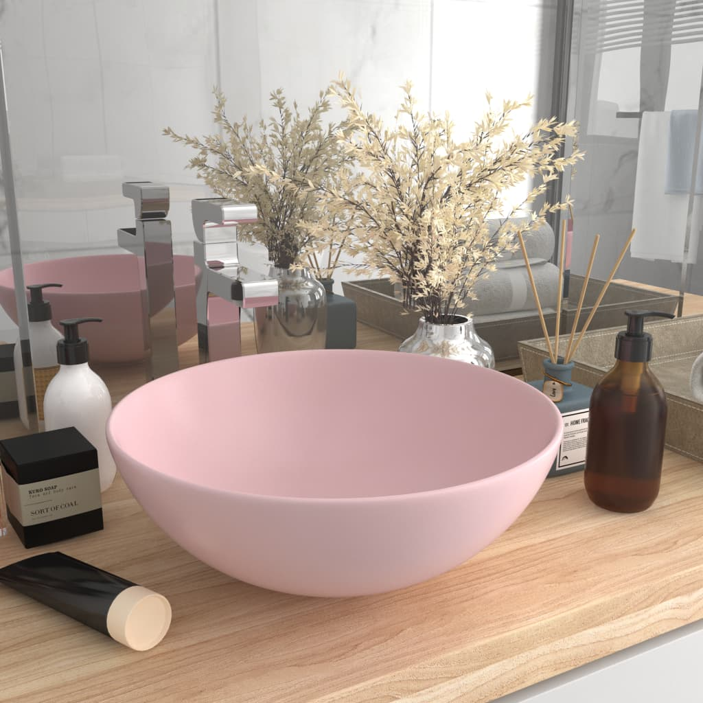 vidaXL Bathroom Sink Ceramic Matt Pink Round