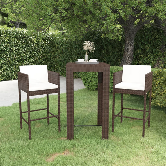 vidaXL 3 Piece Garden Bar Set with Cushions Poly Rattan Brown