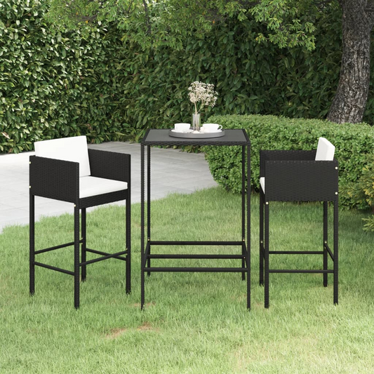 vidaXL 3 Piece Garden Bar Set with Cushions Poly Rattan Black