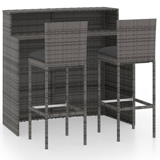 vidaXL 3 Piece Garden Bar Set with Cushions Poly Rattan Grey