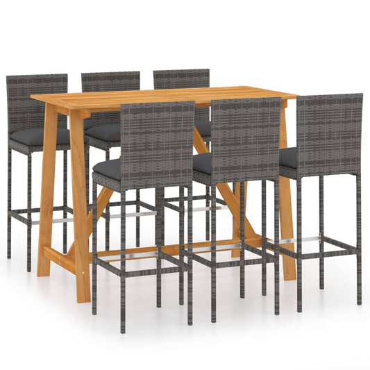 vidaXL 7 Piece Garden Bar Set with Cushions Poly Rattan Grey