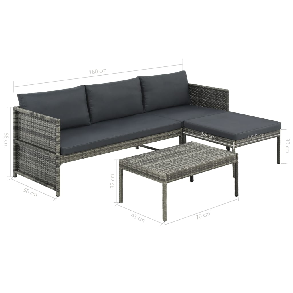 vidaXL 3 Piece Garden Lounge Set with Cushions Poly Rattan Grey