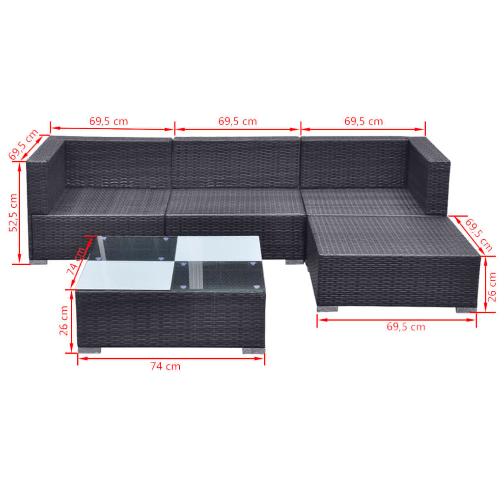 vidaXL 5 Piece Garden Lounge Set with Cushions Poly Rattan Black