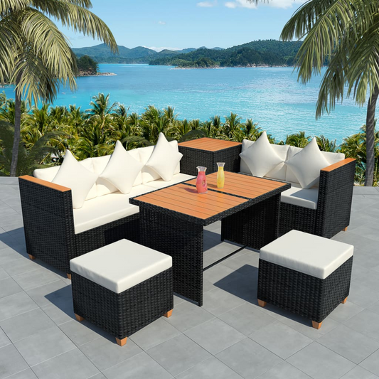 vidaXL 7 Piece Garden Lounge Set with Cushions Poly Rattan Black