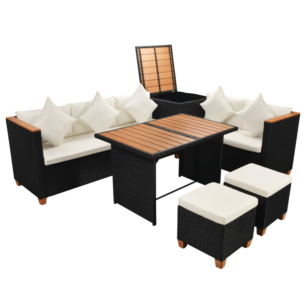 vidaXL 7 Piece Garden Lounge Set with Cushions Poly Rattan Black