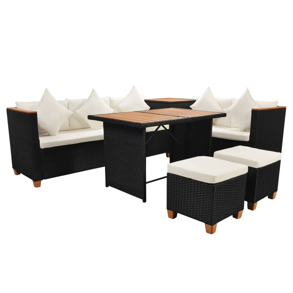 vidaXL 7 Piece Garden Lounge Set with Cushions Poly Rattan Black