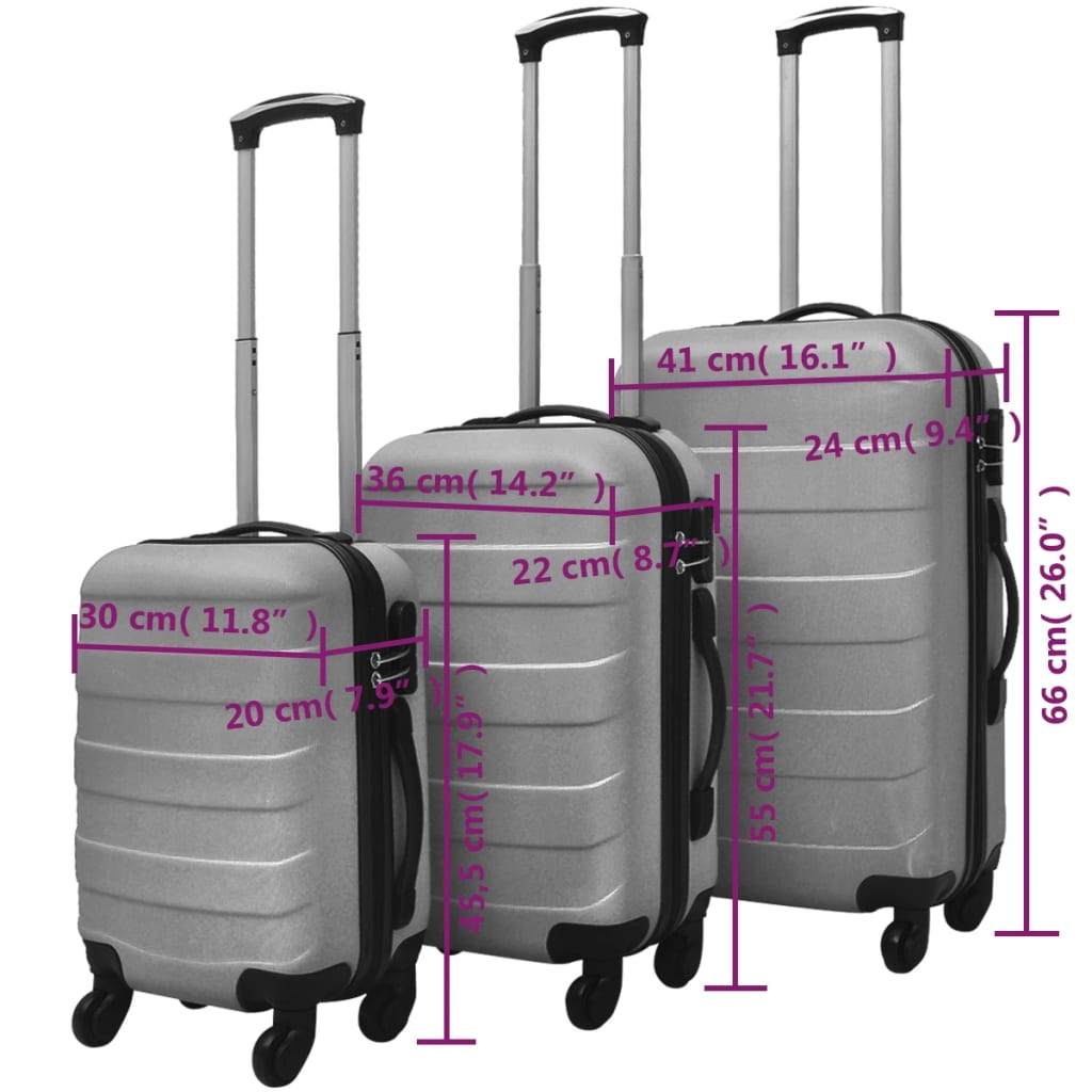 vidaXL Three Piece Hardcase Trolley Set Silver 45.5/55/66 cm