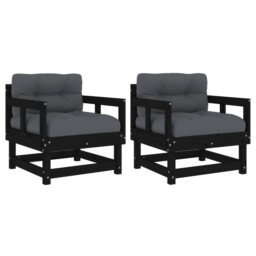 vidaXL Garden Chairs with Cushions 2 pcs Black Solid Wood Pine