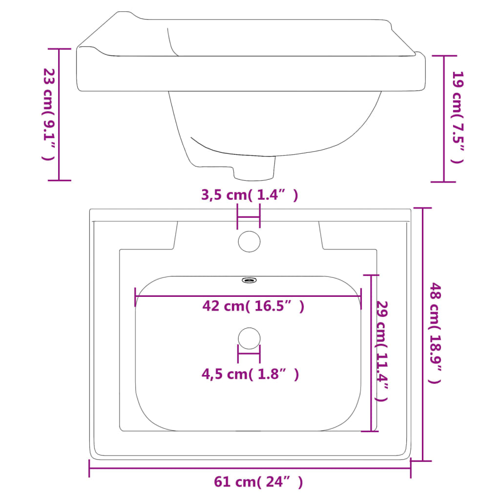 vidaXL Bathroom Sink White 61x48x23 cm Rectangular Ceramic