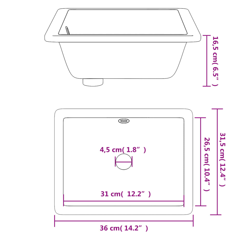 vidaXL Bathroom Sink White 36x31.5x16.5 cm Rectangular Ceramic