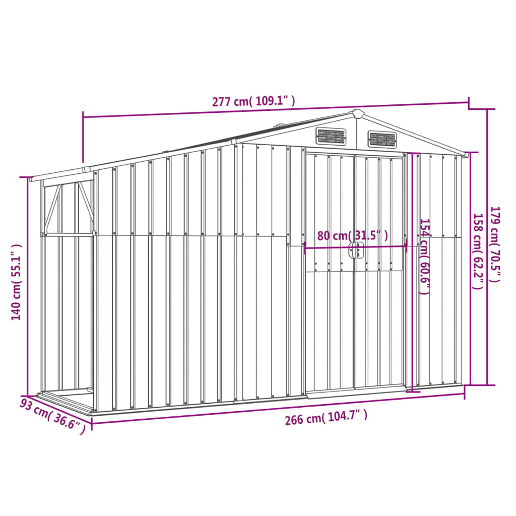 vidaXL Garden Shed Grey 277x93x179 cm Galvanised Steel