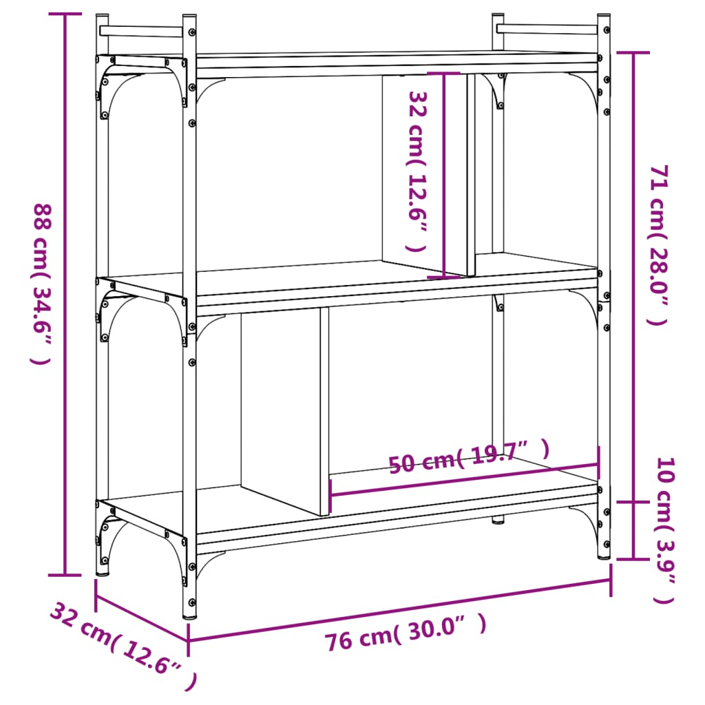 vidaXL Bookcase 3-Tier Sonoma Oak 76x32x88 cm Engineered Wood