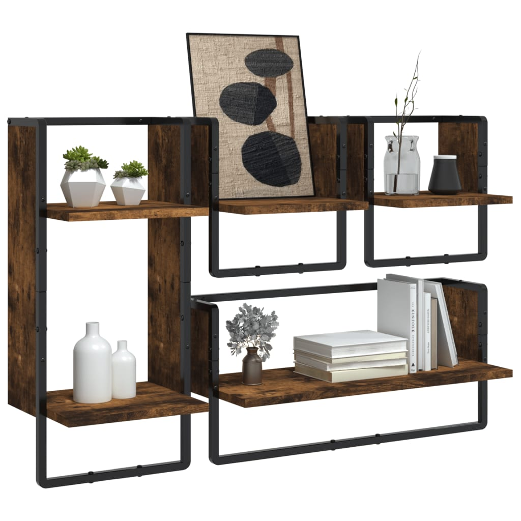 vidaXL 4 Piece Wall Shelf Set with Bars Smoked Oak Engineered Wood