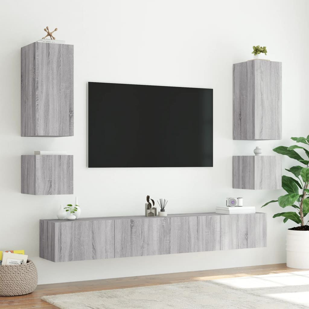 vidaXL TV Wall Cabinets with LED Lights 2 pcs Grey Sonoma 40.5x35x40 cm