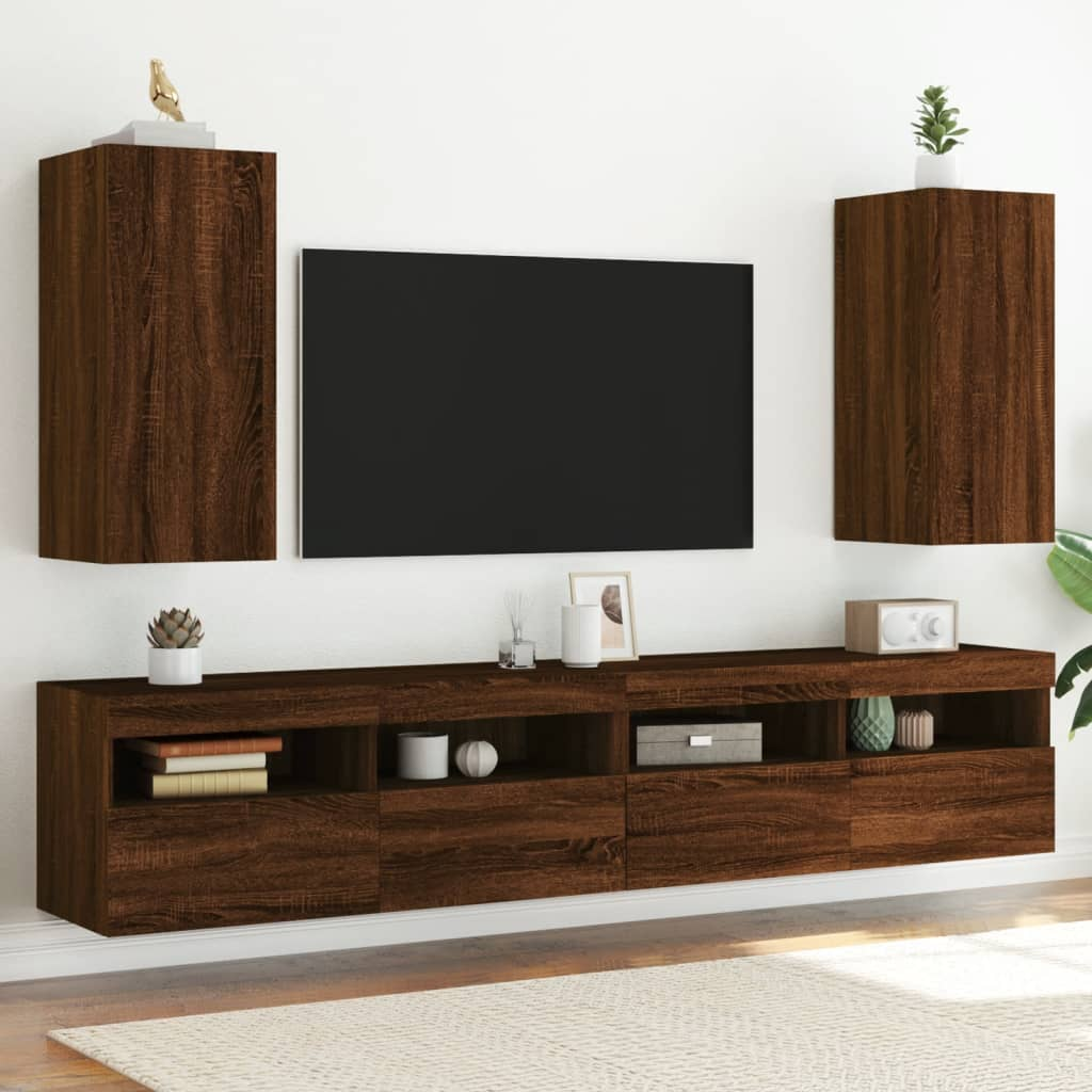 vidaXL TV Wall Cabinets with LED Lights 2 pcs Brown Oak 30.5x35x70 cm