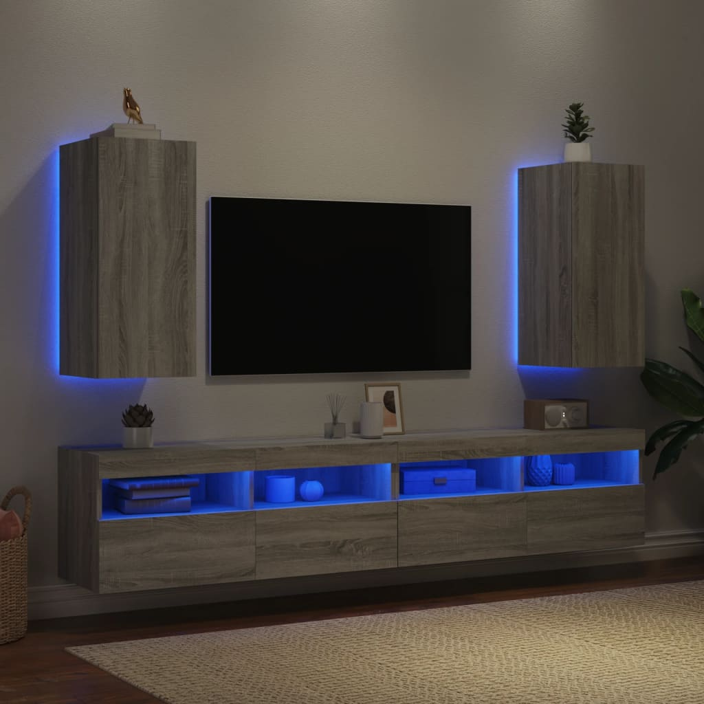 vidaXL TV Wall Cabinets with LED Lights 2 pcs Grey Sonoma 30.5x35x70 cm