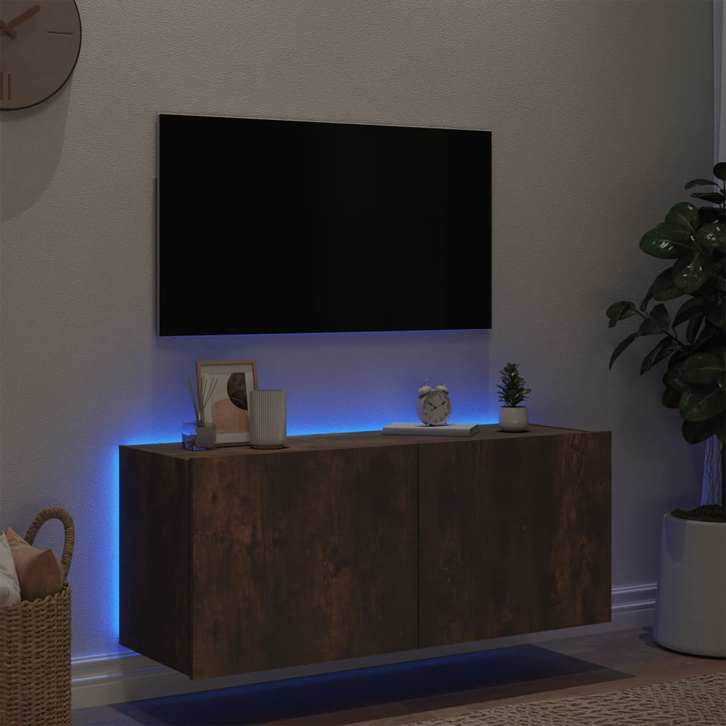 vidaXL TV Wall Cabinet with LED Lights Smoked Oak 100x35x41 cm