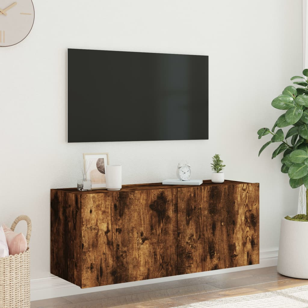 vidaXL TV Wall Cabinet with LED Lights Smoked Oak 100x35x41 cm