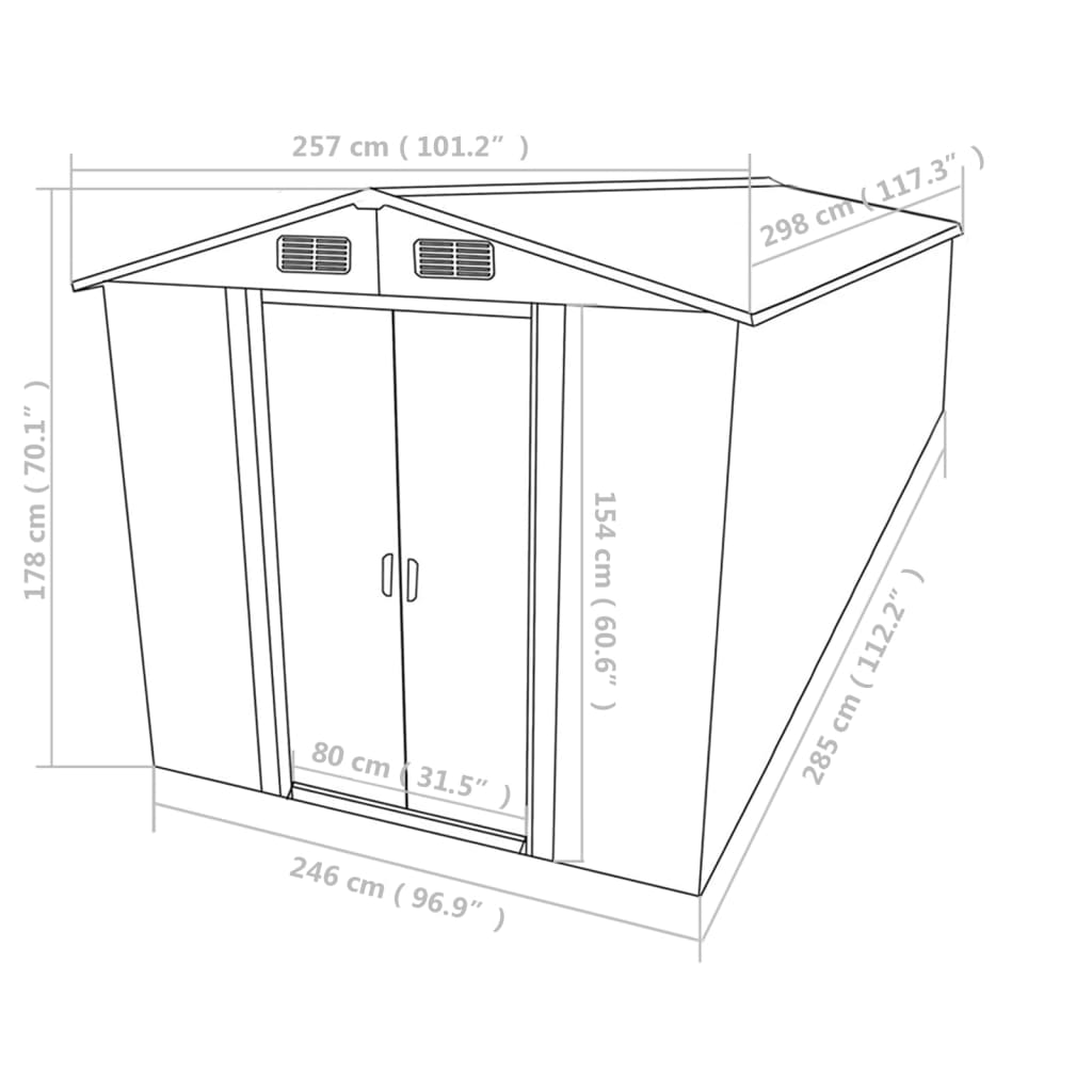 vidaXL Garden Shed 257x298x178 cm Metal Grey