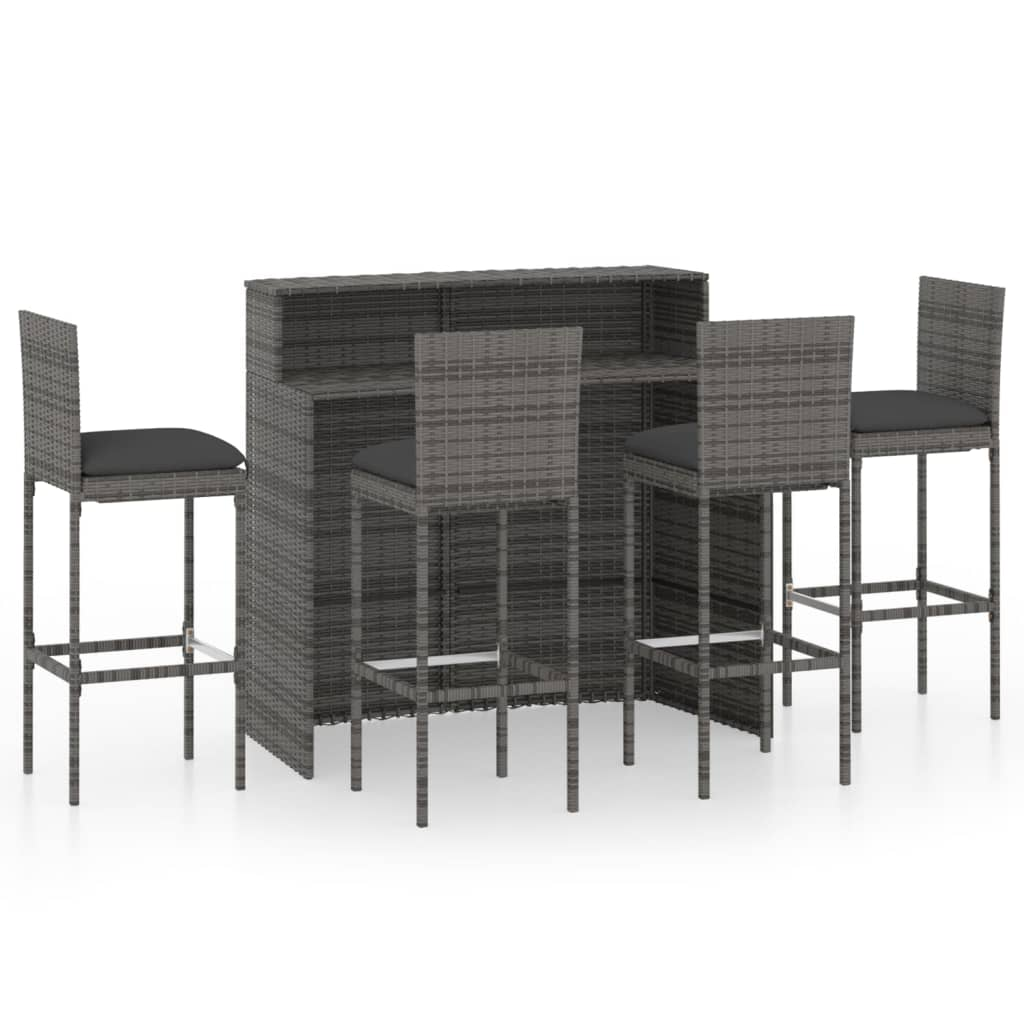 vidaXL 5 Piece Garden Bar Set with Cushions Poly Rattan Grey