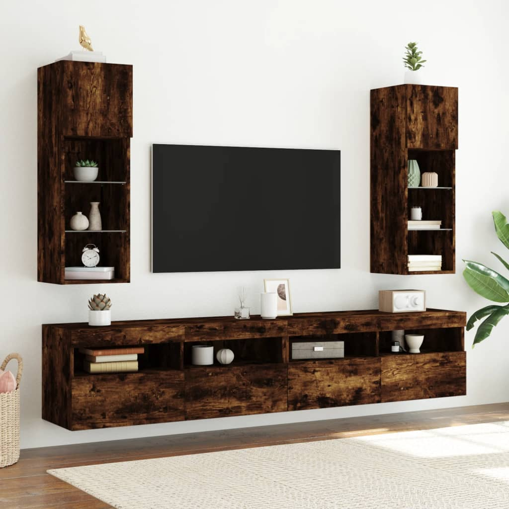 vidaXL TV Cabinets with LED Lights 2 pcs Smoked Oak 30.5x30x90 cm