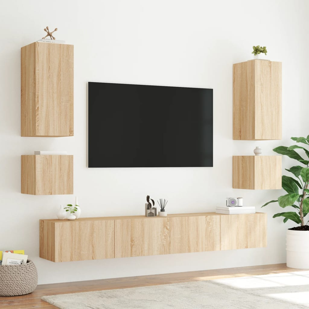 vidaXL TV Wall Cabinet with LED Lights Sonoma Oak 100x35x31 cm