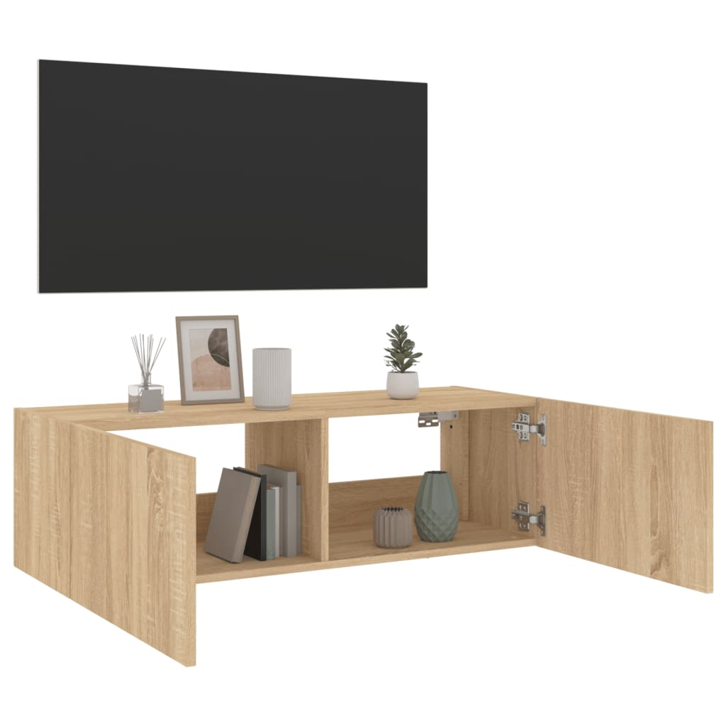 vidaXL TV Wall Cabinet with LED Lights Sonoma Oak 100x35x31 cm