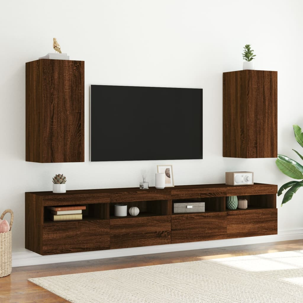 vidaXL TV Wall Cabinets with LED Lights 2 pcs Brown Oak 30.5x35x70 cm