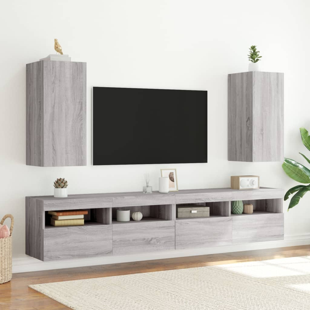 vidaXL TV Wall Cabinets with LED Lights 2 pcs Grey Sonoma 30.5x35x70 cm