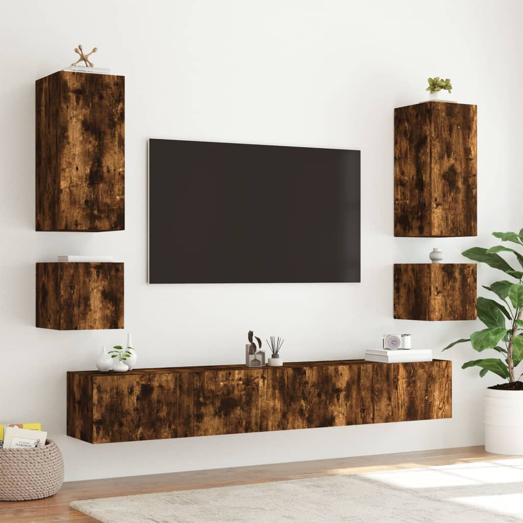 vidaXL TV Wall Cabinet with LED Lights Smoked Oak 100x35x41 cm