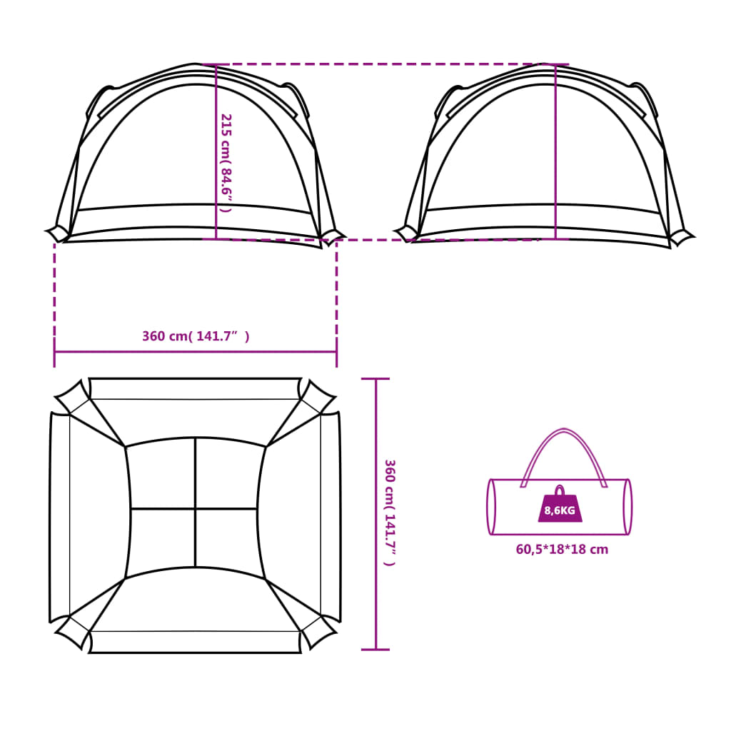 vidaXL Party Tent White 360x360x215 cm 185T Taffeta