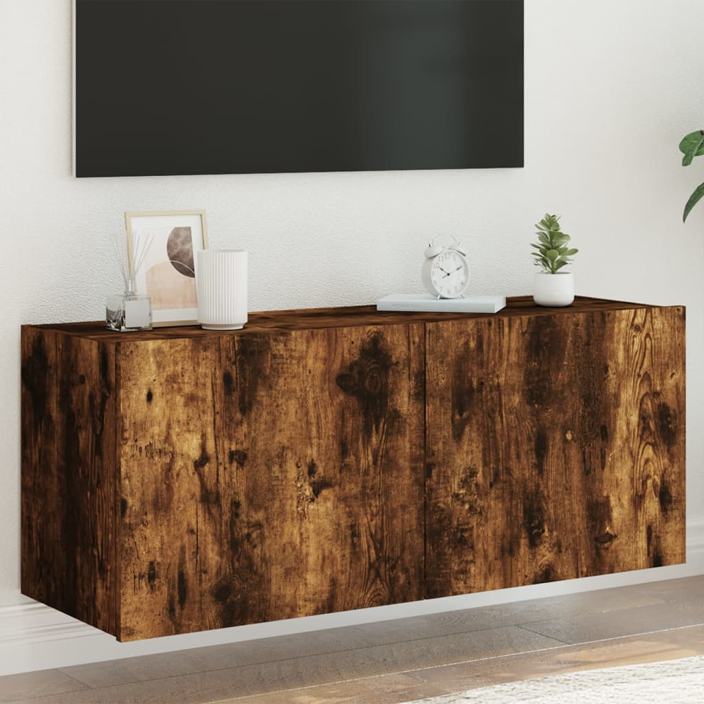 vidaXL TV Wall Cabinet with LED Lights Smoked Oak 100x35x41 cm