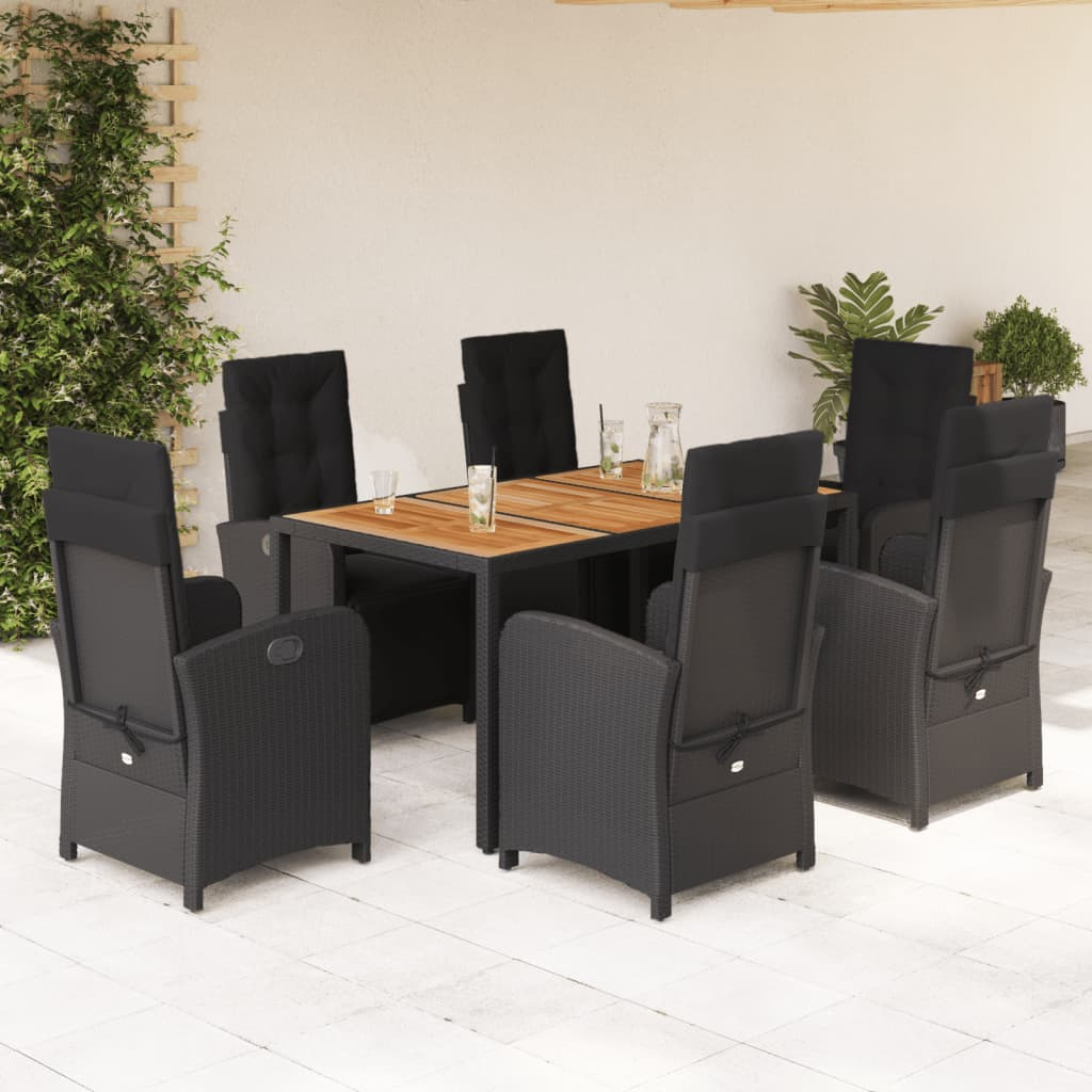 vidaXL 7 Piece Garden Dining Set with Cushions Black Poly Rattan