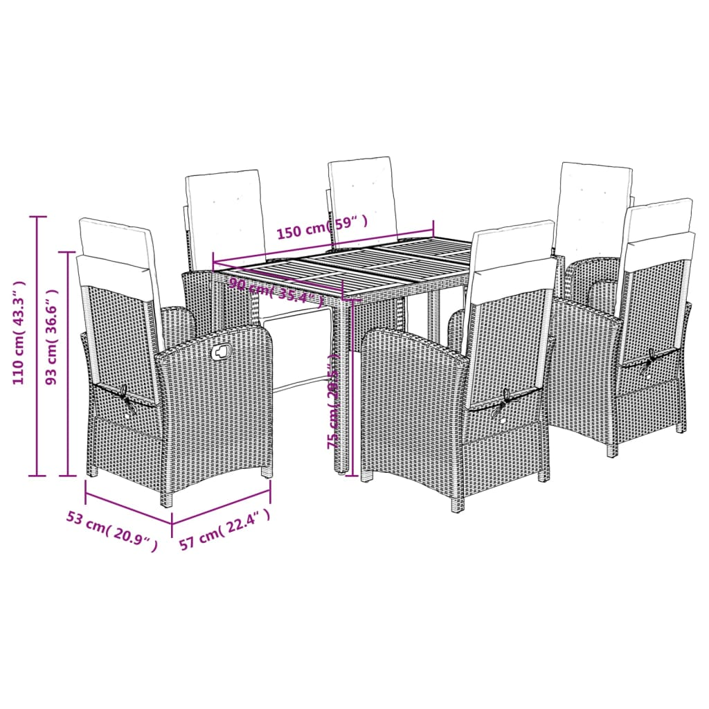 vidaXL 7 Piece Garden Dining Set with Cushions Black Poly Rattan