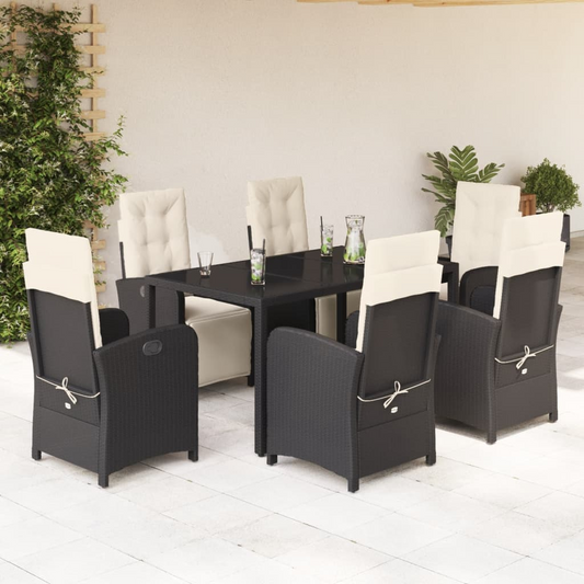 vidaXL 7 Piece Garden Dining Set with Cushions Black Poly Rattan