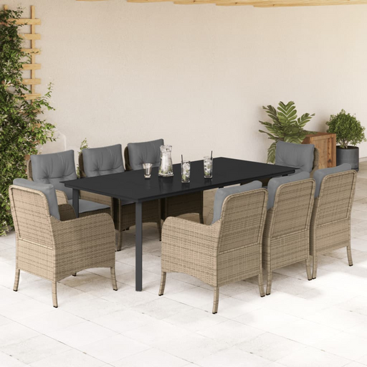 vidaXL 9 Piece Garden Dining Set with Cushions Beige Poly Rattan