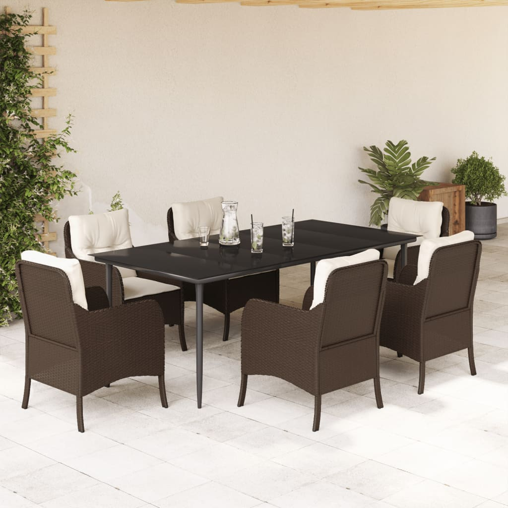 vidaXL 7 Piece Garden Dining Set with Cushions Brown Poly Rattan