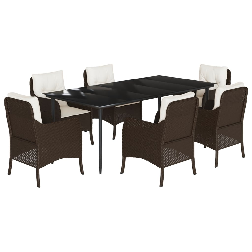 vidaXL 7 Piece Garden Dining Set with Cushions Brown Poly Rattan