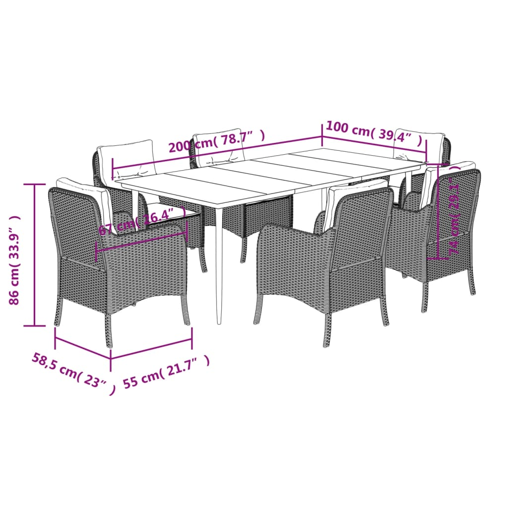 vidaXL 7 Piece Garden Dining Set with Cushions Brown Poly Rattan