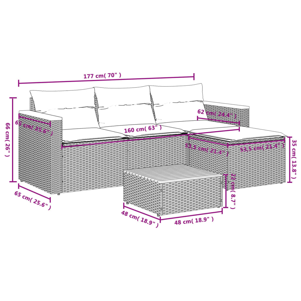 vidaXL 5 Piece Garden Sofa Set with Cushions Grey Poly Rattan Acacia