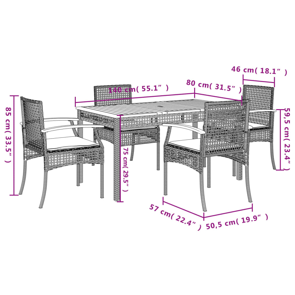 vidaXL 5 Piece Garden Dining Set with Cushions Beige Poly Rattan