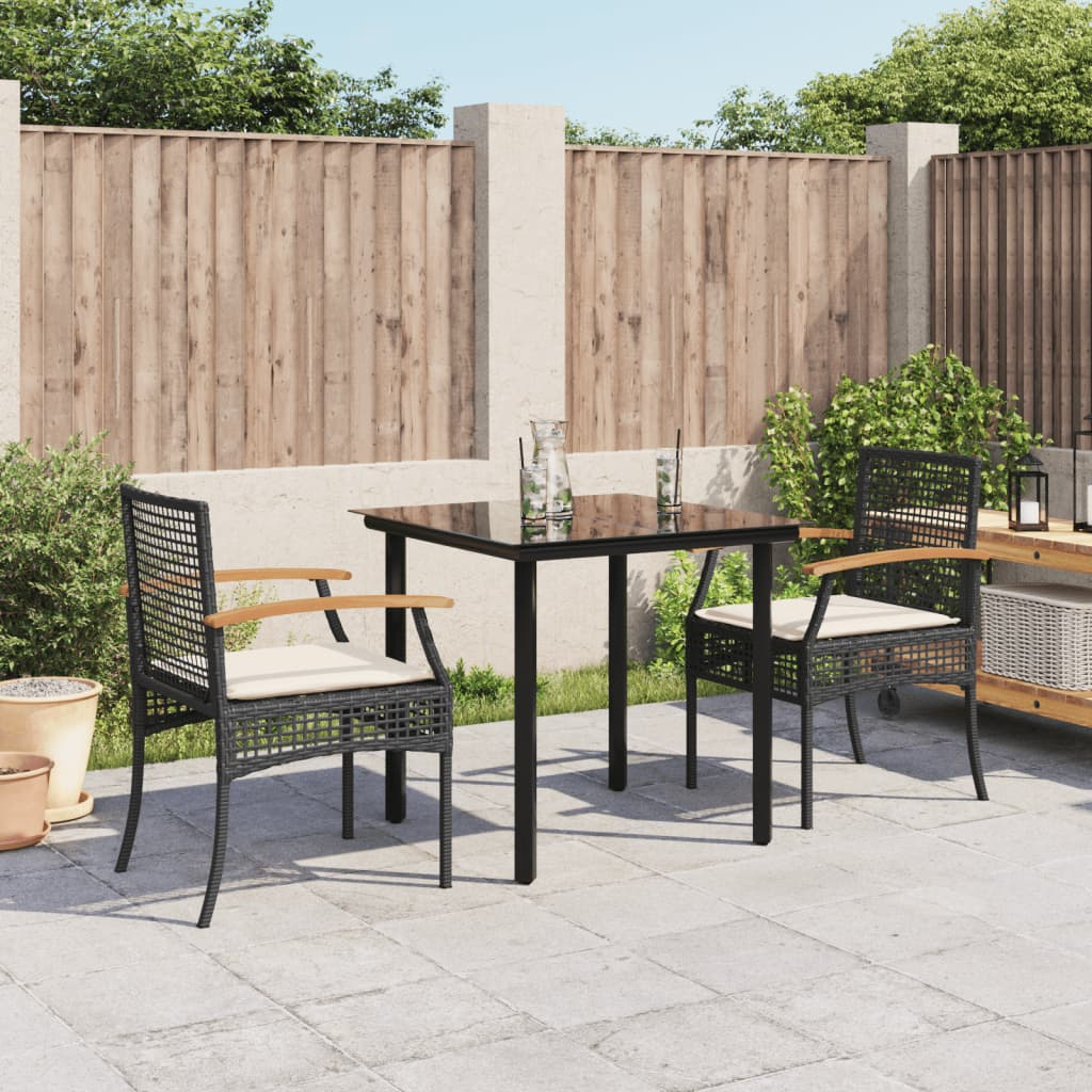 vidaXL 3 Piece Garden Dining Set with Cushions Black Poly Rattan