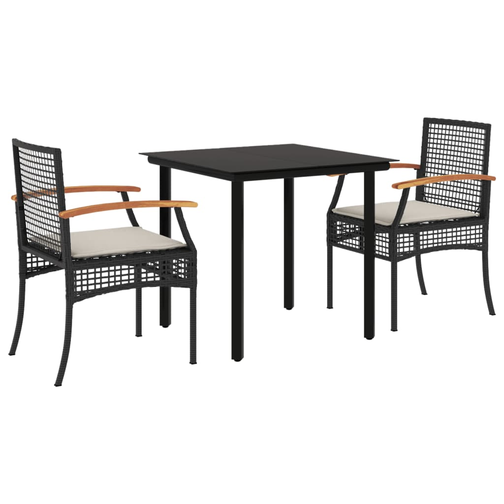 vidaXL 3 Piece Garden Dining Set with Cushions Black Poly Rattan