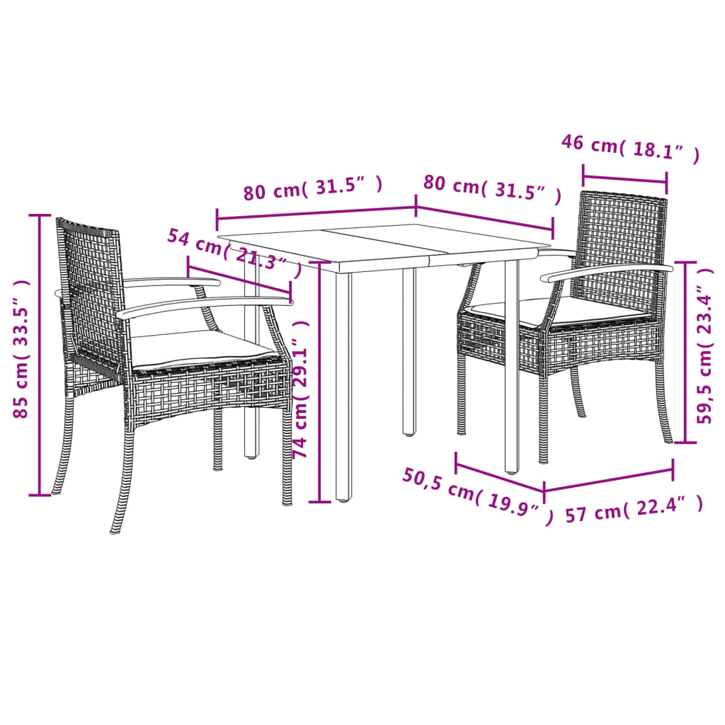 vidaXL 3 Piece Garden Dining Set with Cushions Black Poly Rattan