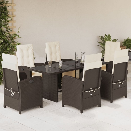 vidaXL 7 Piece Garden Dining Set with Cushions Brown Poly Rattan