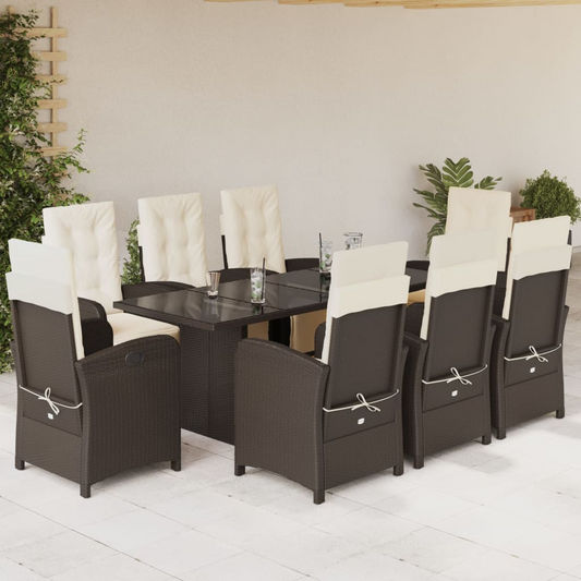 vidaXL 9 Piece Garden Dining Set with Cushions Brown Poly Rattan