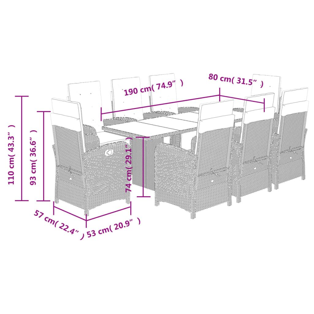 vidaXL 9 Piece Garden Dining Set with Cushions Brown Poly Rattan